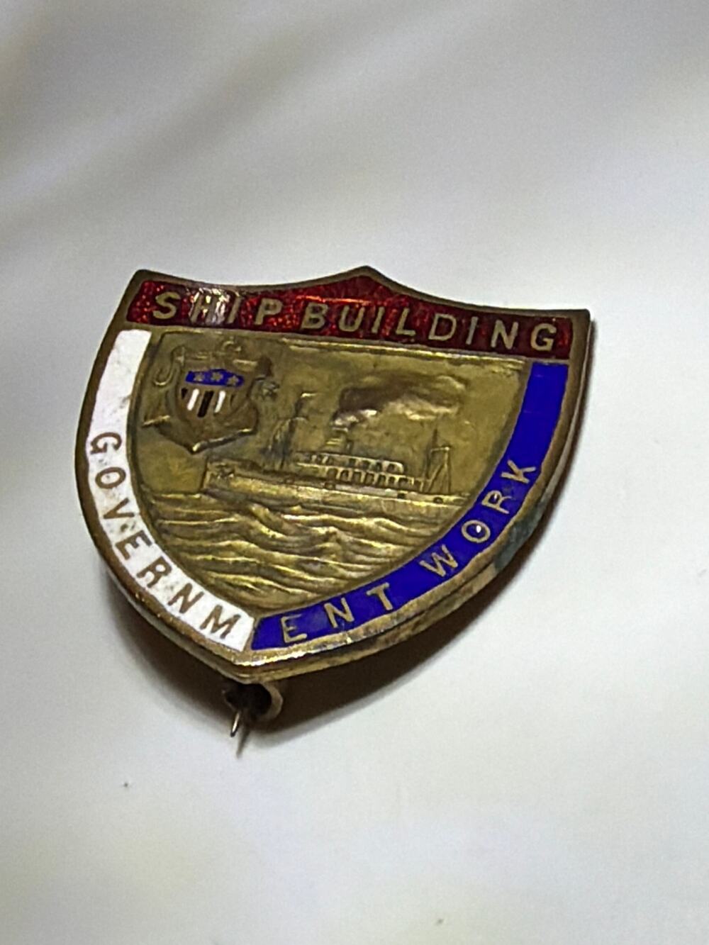 Vintage Ship Building Government Work Enamel Lapel Pin Badge Maritime Shipyard